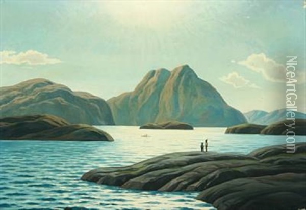 Greenlandic Landscape With Figures Oil Painting - Emanuel A. Petersen