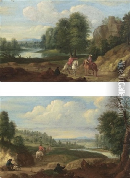 River Landscapes With Cavaliers On A Tracks (pair) Oil Painting - Jan Baptist Huysmans