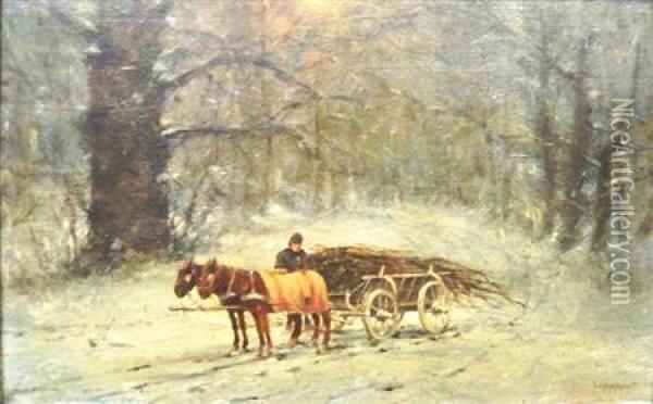 Wood Cart In Winter Oil Painting - William Lippincott