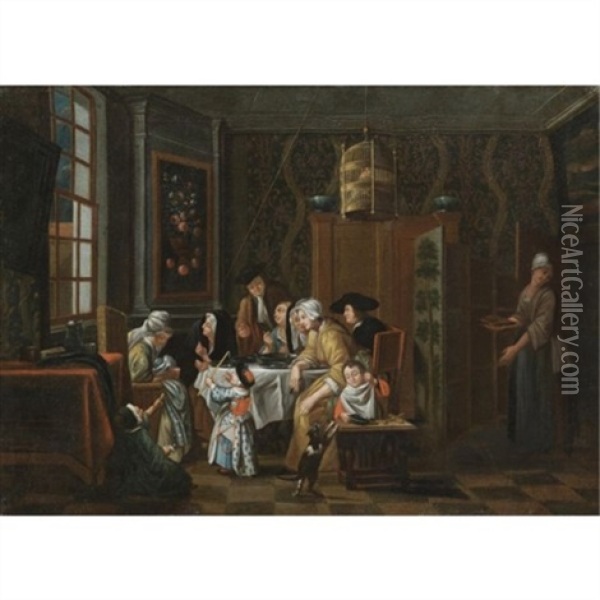 An Interior Scene With A Family Eating Oil Painting - Jan Josef Horemans the Younger