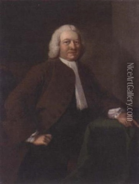 Portrait Of Benjamin Day In A Brown Jacket, Black Breeches And A White Stock, By A Draped Table Oil Painting - Thomas Frye