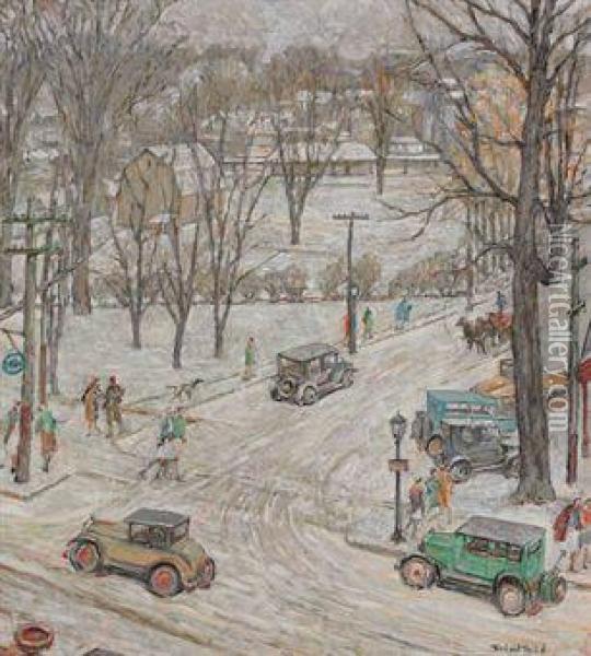 Street Scene In Winter Oil Painting - Robert Reid