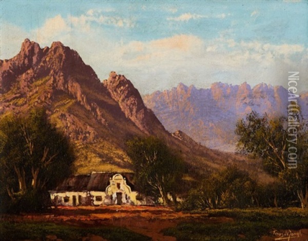 Cape Cottage In A Mountainous Landscape Oil Painting - Tinus de Jongh