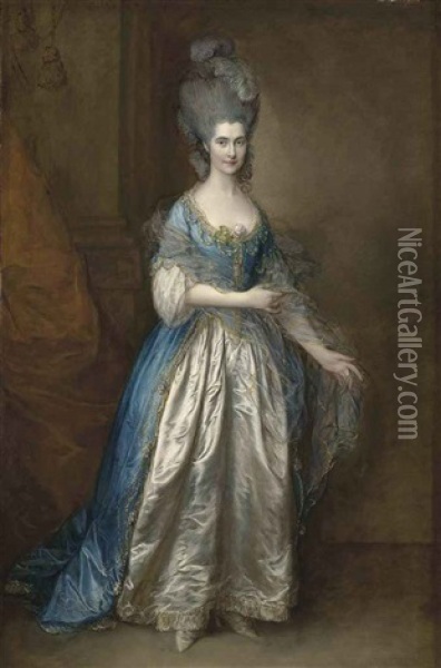 Portrait Of Mrs. William Villebois In Masquerade Dress, With A Blue Gown And A Lace-edged Satin Skirt, Holding A Diaphanous Wrap, Beside A Pilaster Oil Painting - Thomas Gainsborough