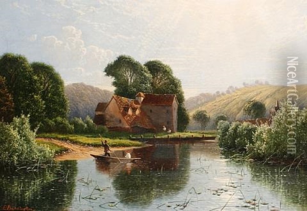 Figures In A Punt In A Summer Landscape Oil Painting - Edwin Henry Boddington