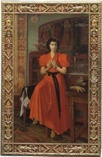 Dame In Rot Oil Painting - Victoriano Chicote