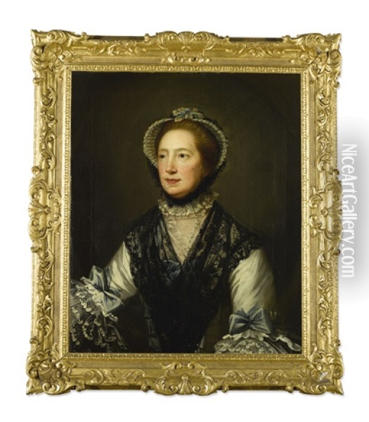 Portrait Of A Lady, Half-length, Wearing A White Dress With Blue Ribbons And A Black Lace Scarf Oil Painting - David Martin