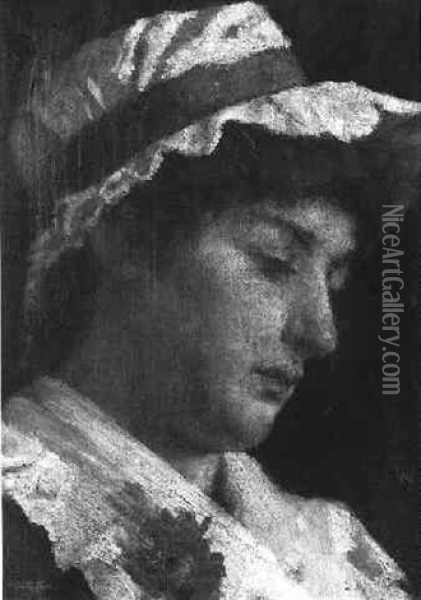 Portrait Of A Girl In A White Bonnet Oil Painting - Edwin Harris
