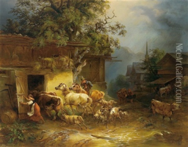 Gewitterregen In Einem Gebirgsdorf Oil Painting - Friedrich Gauermann