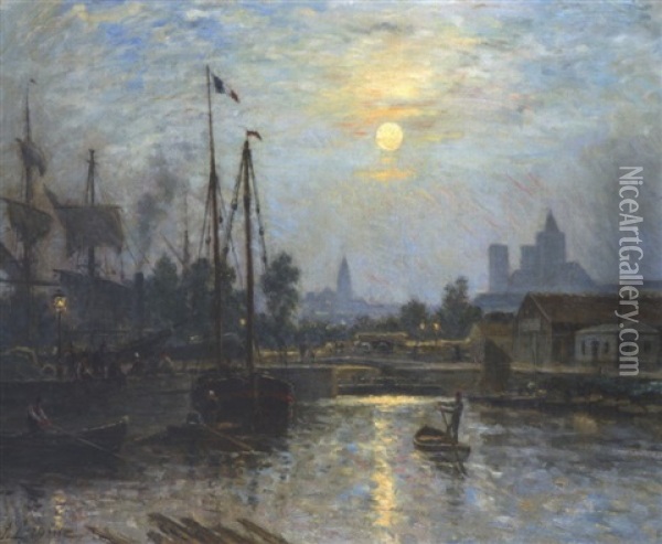 Caen Le Long De L'orne. Cours Caffarelli. Effet De Lune Oil Painting - Stanislas Lepine