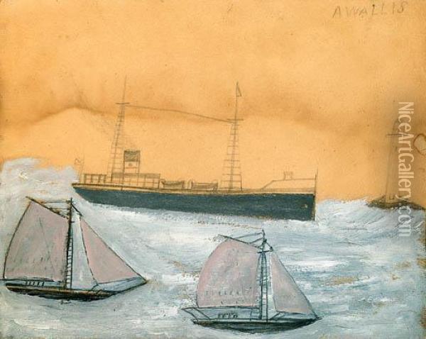 Ships And Lighthouse Oil Painting - Alfred Wallis