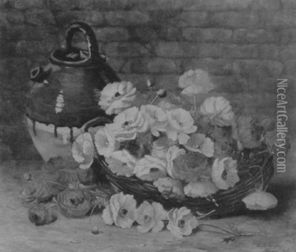 Still Life With Basket Of Flowers And Jug Oil Painting - Emily Selinger