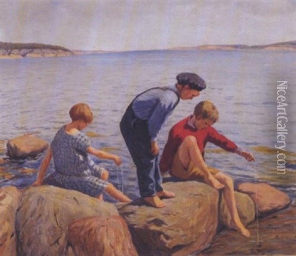 Tre Krabbefiskere Oil Painting - Thorvald Torgersen