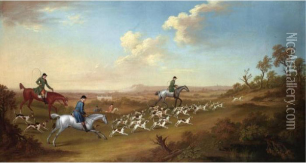 Sir William Jolliffe And His 
Huntsmen Following Hounds Towards A Covert, A Country House Beyond Oil Painting - James Seymour