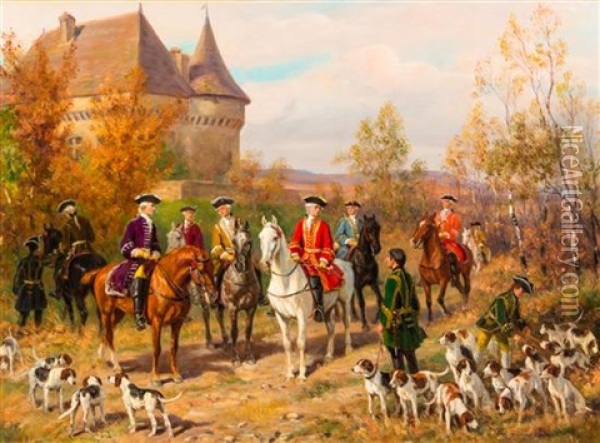 Le Depart Pour La Chasse A Courre, 1920 Oil Painting - Raymond Desvarreux