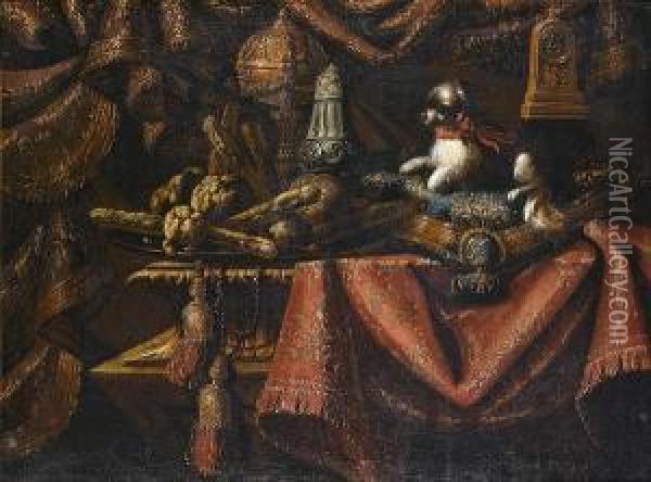 A Dog Resting On A Cushion With A Silver Giltewer On A Draped Table-top Oil Painting - Antonio Tibaldi