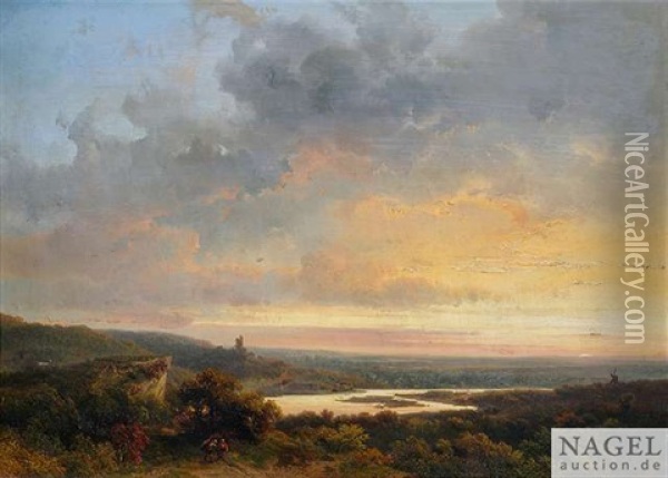 Flusslandschaft Bei Sonnenuntergang Oil Painting - Pieter Lodewijk Kuhnen