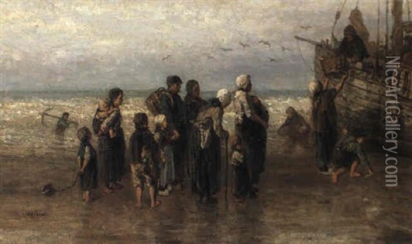 Unloading The Fish Oil Painting - Jozef Israels