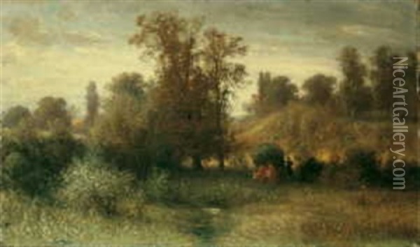 Baumbestandene Landschaft Mit Heuwagen In Der Umgebung Von Frankfurt/main Oil Painting - Karl Peter Burnitz