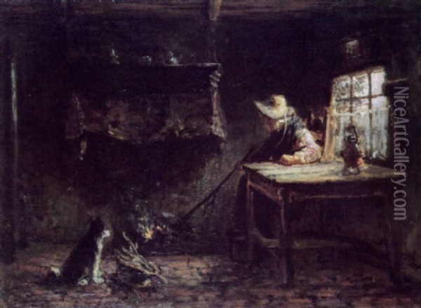 Old Woman Near Fireplace Oil Painting - Jozef Israels