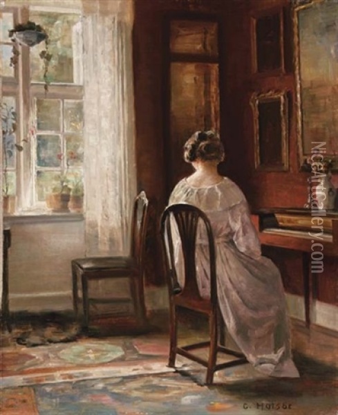 Interior Med Siddende Kvinde - Seated Lady In An Interior Oil Painting - Carl Vilhelm Holsoe