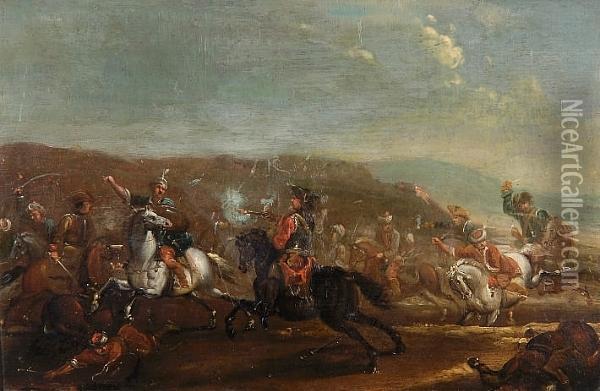 A Cavalry Battle Scene Oil Painting - Pieter Wouwermans or Wouwerman