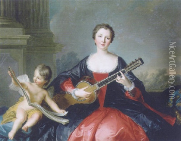 Portrait Of A Lady (mademoiselle De Beaujolais?), Playing A Guitar Oil Painting - Jean Marc Nattier