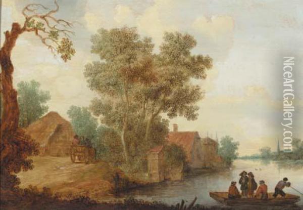 A Ferry On A River With Travellers On A Horse Drawn Wagon Oil Painting - Pieter de Neyn