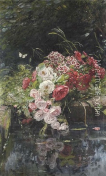 Blumenbouquet Aus Heckenrosen Und Floks Auf Der Steinernen Umfassungsmauer Eines Teiches Oil Painting - Anna Peters