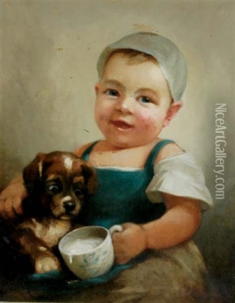 Young Girl With Puppy Oil Painting - Antonio Rotta