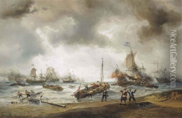 The Closing Stages Of One Of The Battles In The Anglo-dutch Wars Oil Painting - Francois-Etienne Musin