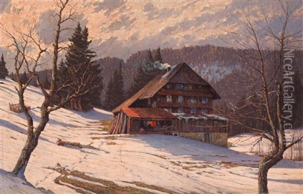 Winterabend Im Schwarzwald Oil Painting - Hermann Dischler