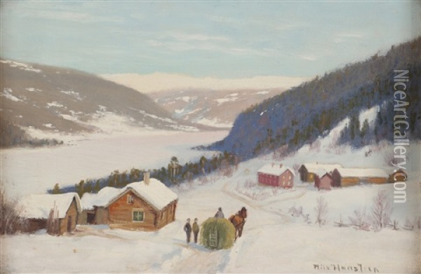 Vinterlandskap Med Gardsbygninger, Hest Og Slede Oil Painting - Nils Severin Lynge Hansteen