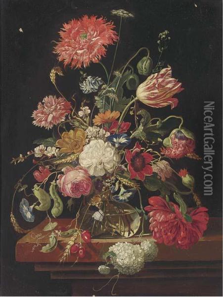 Tulips, Roses, Carnations And Other Flowers In A Glass Vase On A Stone Ledge Oil Painting - Jan Van Huysum