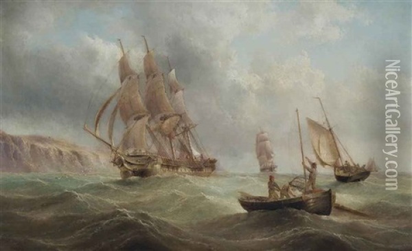 A Merchantman And Small Craft In A Stiff Breeze Off The East Coast Oil Painting - Henry Redmore