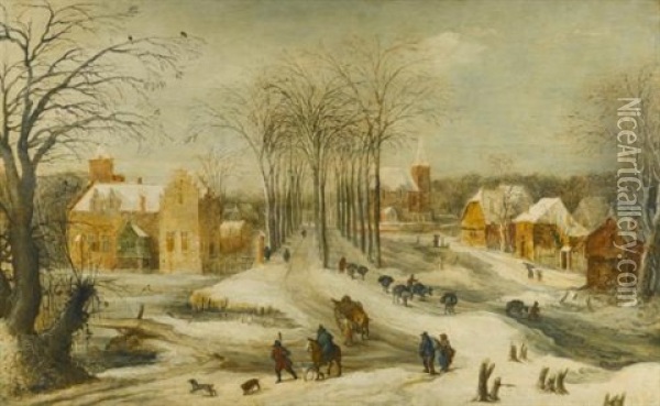 Winter Landscape With Travellers Passing Through An Avenue Of Trees Oil Painting - Philips de Momper the Elder