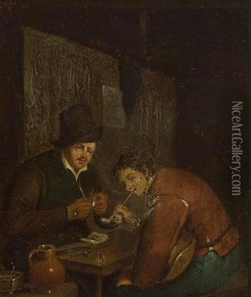 Two Men Smoking Pipes In A Tavern Oil Painting - Adriaen Jansz. Van Ostade