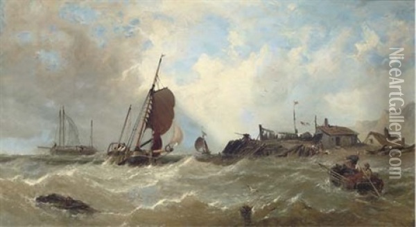 Fishing Vessels Off The South Coast Oil Painting - James Meadows Snr