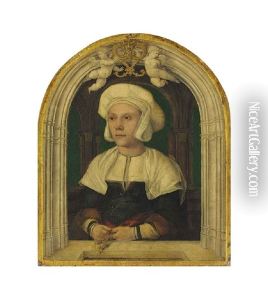 Portrait Of A Lady, Half-length, In A White Coif And Green Bodice With Fur-trimmed Sleeves, In A Trompe-l'oeil Architectural Setting With Putti Oil Painting - Hans Holbein the Younger
