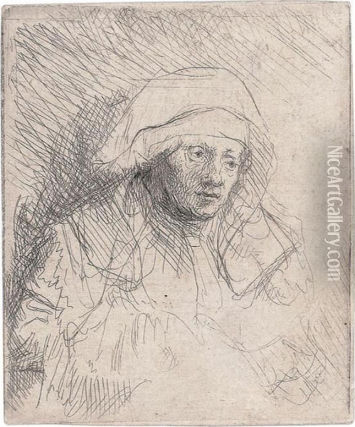 A Sick Woman With A Large White Headdress Oil Painting - Rembrandt Van Rijn