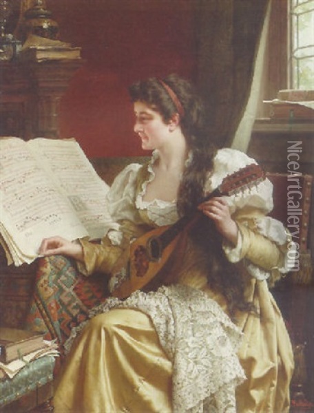 Woman Playing The Mandolin Oil Painting - Jan Portielje