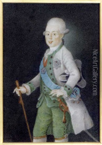 Grand Duke Paul Petrovich Of Russia, Tsar Of Russia As Paul I, Holding A Baton In His Right Hand, In Grey Coat, Green Waistcoat And Trousers, Frilled Cravat, Holding A Black And Grey Tricorn Hat Oil Painting - Anton Friedrich Koenig