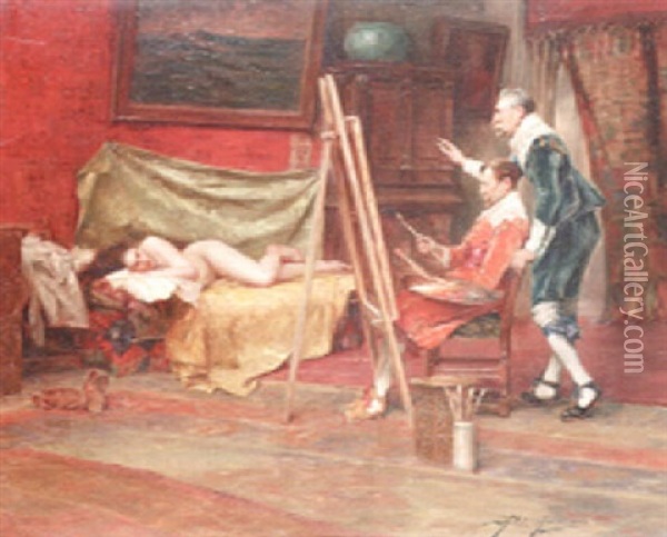 Two Cavaliers Paint A Nude Oil Painting - Alex De Andreis