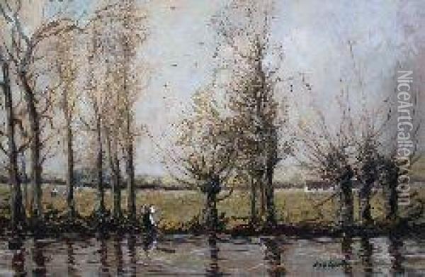 By The Canalside Oil Painting - William Renison