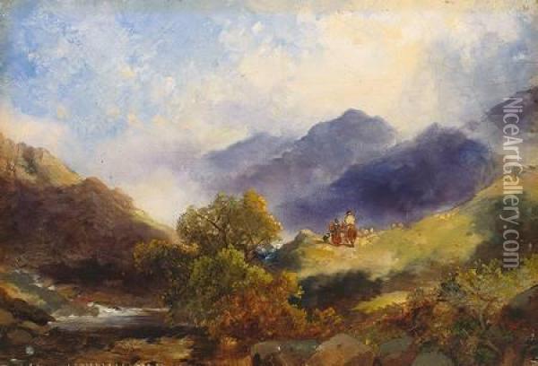 Besonnte Gebirgslandschaft Mit Wildbach Und Figurenstaffage Oil Painting - Joseph Harlor