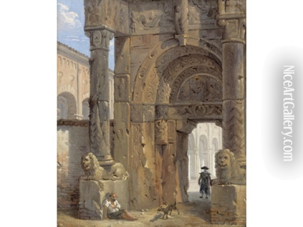 The Temple Of Karnak, Luxor (+ And An Architectural Capriccio With A Porch) (pair) Oil Painting - Giovanni Migliara
