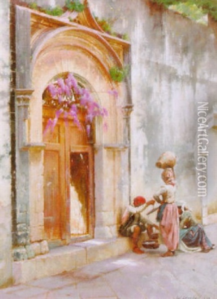 A Street Scene In Taormina Oil Painting - William Logsdail