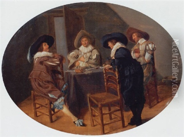 Officers Smoking And Drinking In An Interior Oil Painting - Dirck Hals