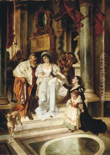 An Elegant Patron And Other Figures In A Church Interior Oil Painting - Joseph Haier