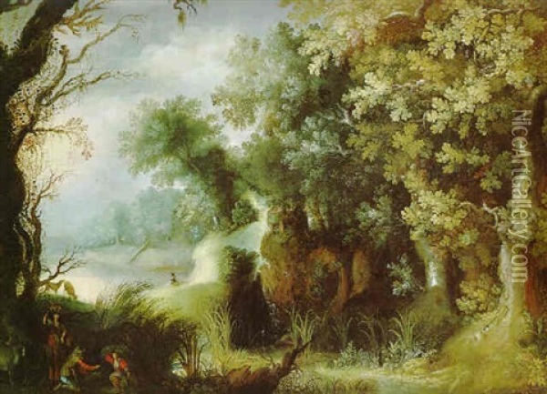 Bewaldete Fluslandschaft Mit Bauern Und Hirten Oil Painting - Gillis Van Coninxloo III